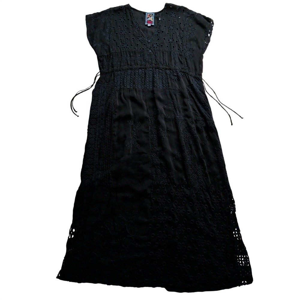 Johnny Was Olympia Patchwork Dress Medium Maxi Black Eyelet Embroidered Boho